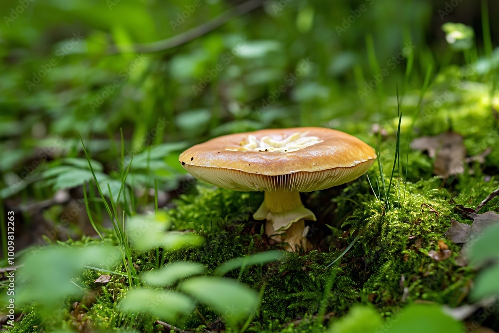 A close-up of a mushroom growing in a lush, green forest setting. A close-up of a mushroom growing in a lush, green forest setting.