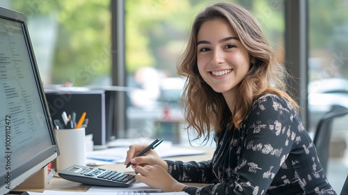 Free Download Smiling young woman working at a desk using a calculator and pen, with a computer screen in the background - GFXLoad