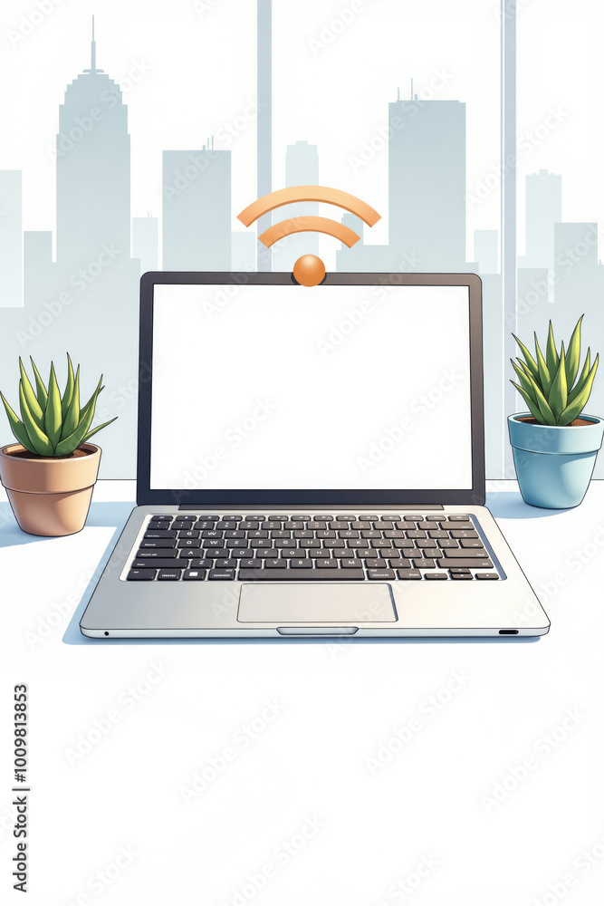 Modern laptop showing blank screen with wifi icon displaying in city office Modern laptop showing blank screen with wifi icon displaying in city office