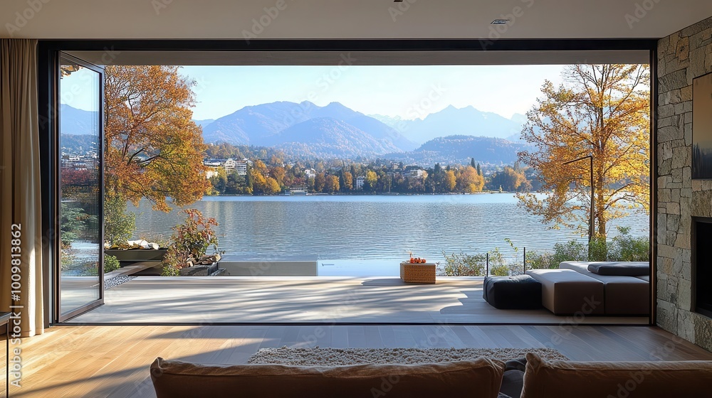 Fototapeta premium Serene lake view from a modern living room with autumn foliage and mountain backdrop, perfect for relaxation and inspiration.