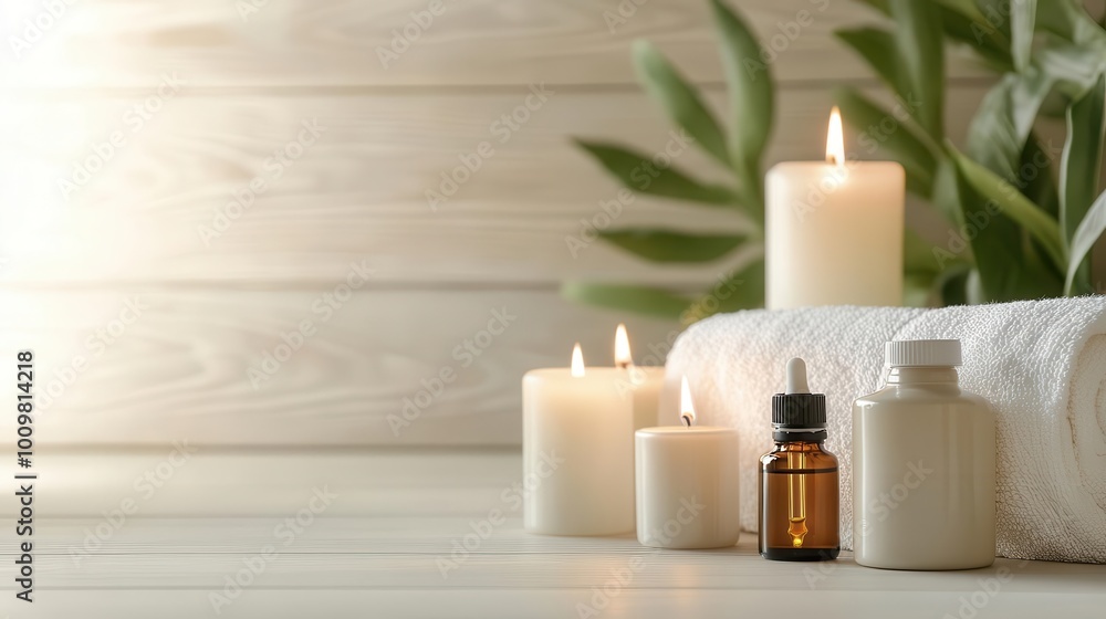Serene spa setup with essential oils, candles, and a towel, inviting relaxation and wellness in a calming ambiance. Serene spa setup with essential oils, candles, and a towel, inviting relaxation and wellness in a calming ambiance.
