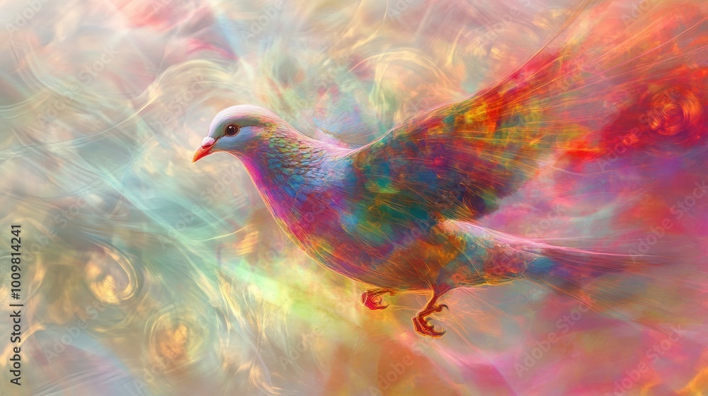 Fototapeta premium A colorful dove in flight against a vibrant, swirling background.