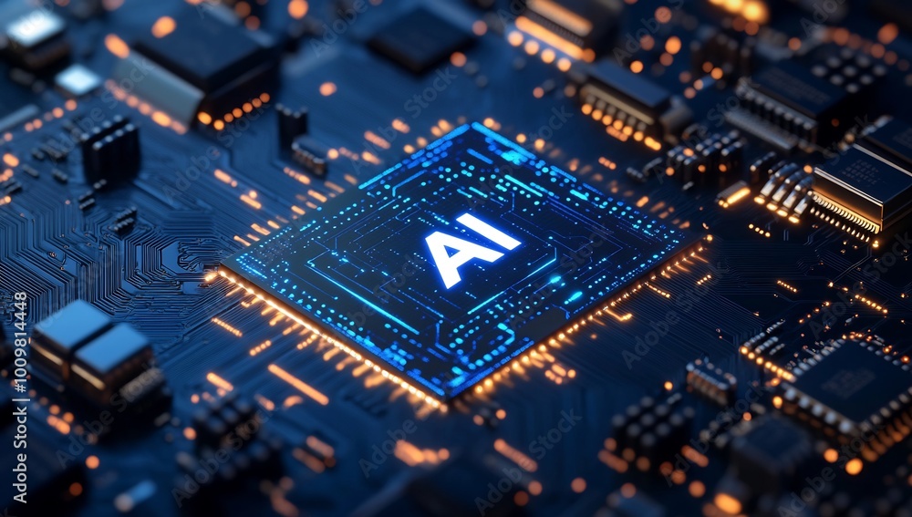 A close-up of a circuit board featuring an AI chip design. A close-up of a circuit board featuring an AI chip design.