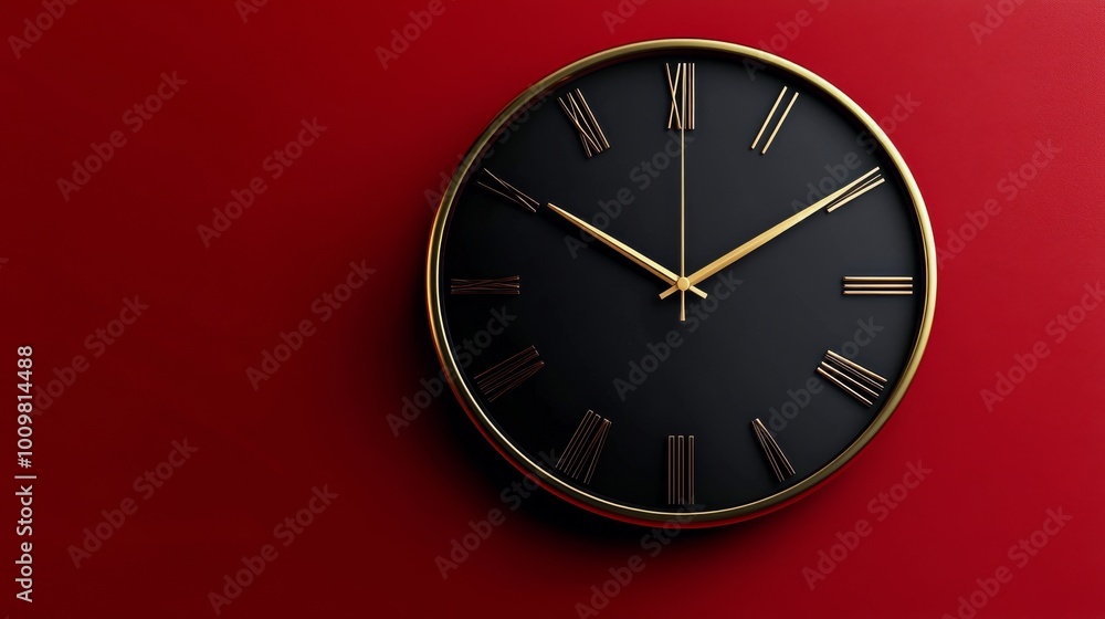 Modern black and gold wall clock on a vibrant red background showcasing time Modern black and gold wall clock on a vibrant red background showcasing time