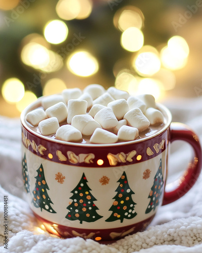 A Christmas mug filled with hot chocolate and marshmallows. The mug is sitting on a white blanket with a Christmas tree out of focus in the background. 