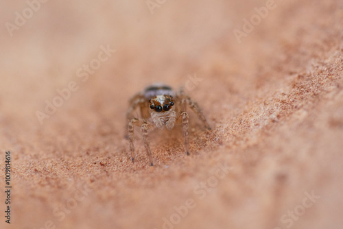 Close-up image of a small jumping spider on a sandy surface photo