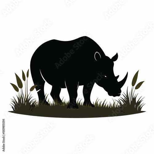 A rhinoceros grazing in a field silhouette vector illustration on white background