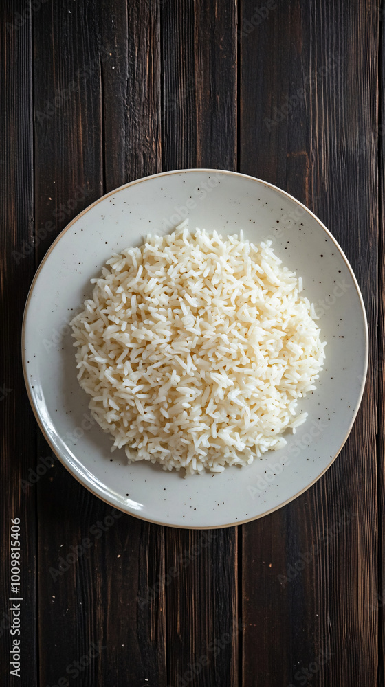 Plate of perfectly cooked white rice is sitting on a dark wooden table, ready to be served as a side dish Plate of perfectly cooked white rice is sitting on a dark wooden table, ready to be served as a side dish