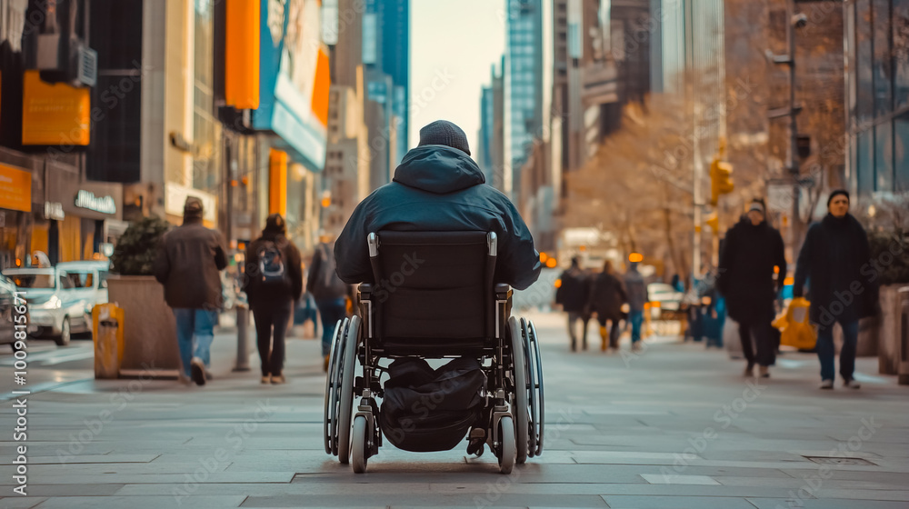 Obraz premium A man in a wheelchair is sitting on a sidewalk in a busy city street.