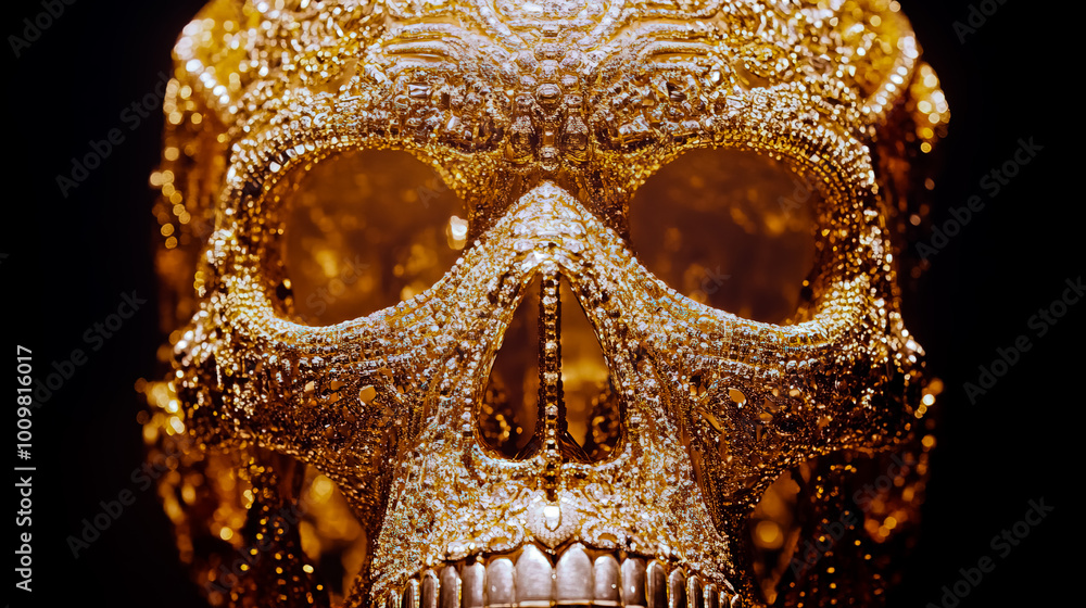A gold skull with many jewels and beads on it. A gold skull with many jewels and beads on it.