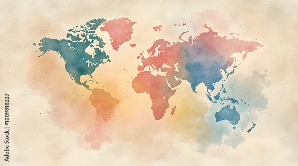 Obraz premium Hand-painted world map in watercolor style with soft muted colors and smooth gradients blending across countries