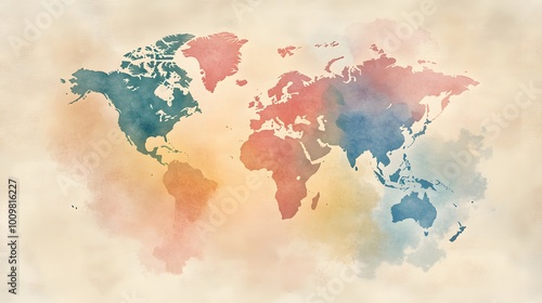 Hand-painted world map in watercolor style with soft muted colors and smooth gradients blending across countries photo