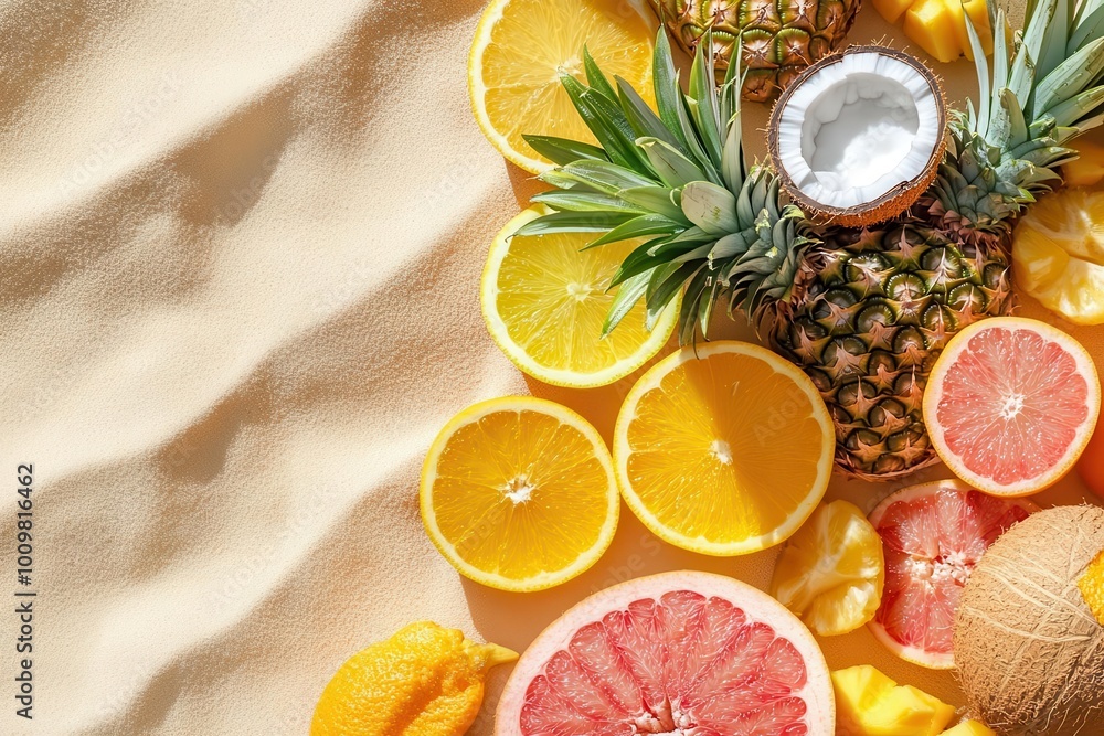 A vibrant arrangement of various tropical fruits on a soft surface. A vibrant arrangement of various tropical fruits on a soft surface.