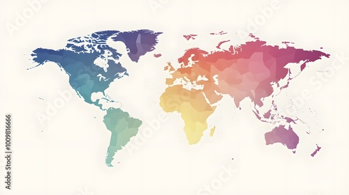 Minimalist world map with smooth, gradient colors transitioning from blue to red, representing continents and regions on a simple white background