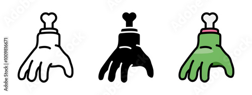 Zombie hand icon. Chopped off zombie arm with bone sticking out vector illustration. Halloween monster severed hand symbol. Rotten zombie arm silhouette. Green claw cartoon pictogram. Cut off hand.