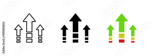 Growth arrow icon. Three upload arrows vector illustration. Upgrade button. Level up symbol. Progress chart pictogram. Boost sign. Increase diagram. Improve, advance and success concept.