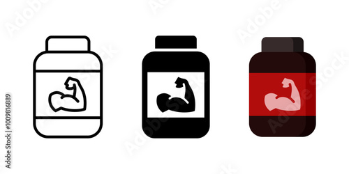 Protein icon. Protein jar with muscle arm sticker vector illustration. Fitness supplement symbol. Protein powder jar sign. Sports nutrition concept. Bodybuilding nourishment. Weight and muscle gainer.