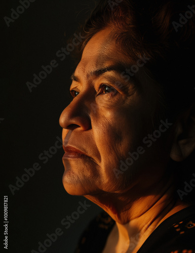 Close-up of elderly woman's face in warm golden light photo