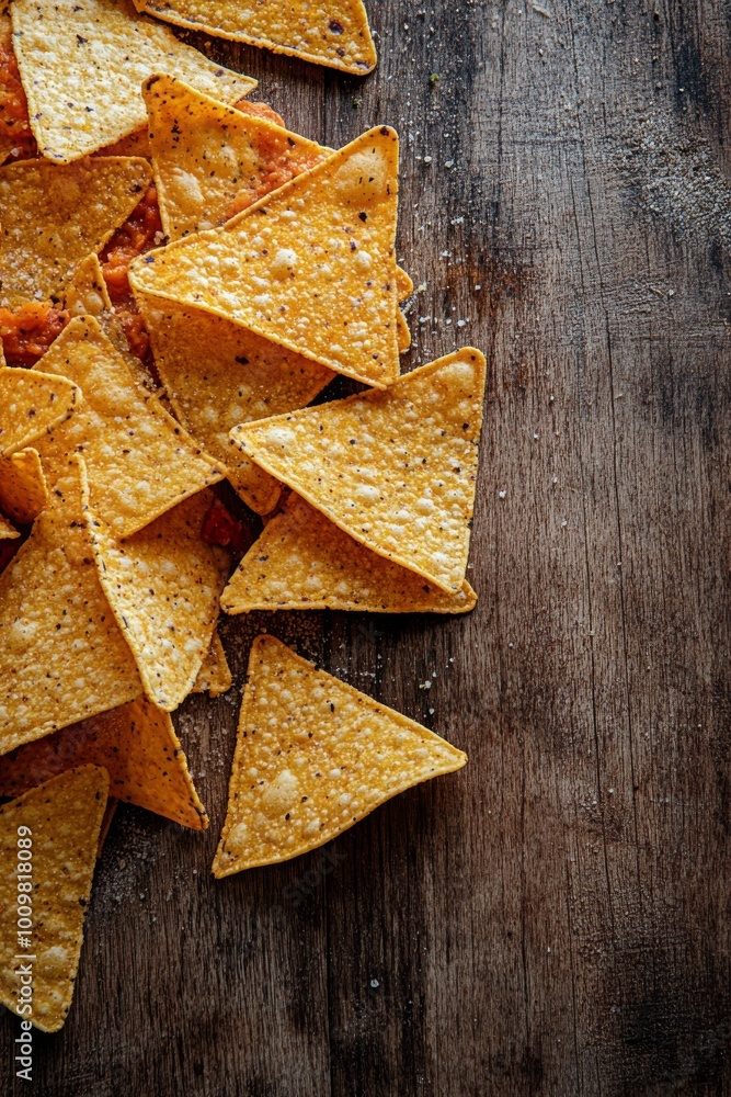 Delicious pizza topped with herbs and cheese served with tortilla chips on rustic wooden table Delicious pizza topped with herbs and cheese served with tortilla chips on rustic wooden table