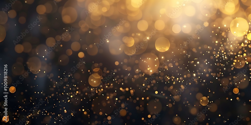 Warm and glowing gold bokeh lights floating on a dark background evoking a magical festive celebration with shimmering effects