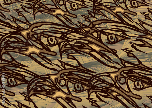 Textural camouflage background with linear and eagle head elements in golden-gray tonality. Dark predator motifs for fashion trends, business concepts, covers, scrapbooking, interior solutions, tiles
