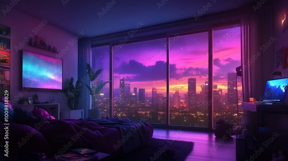 A cozy bedroom with a stunning cityscape at sunset through large windows. A cozy bedroom with a stunning cityscape at sunset through large windows.