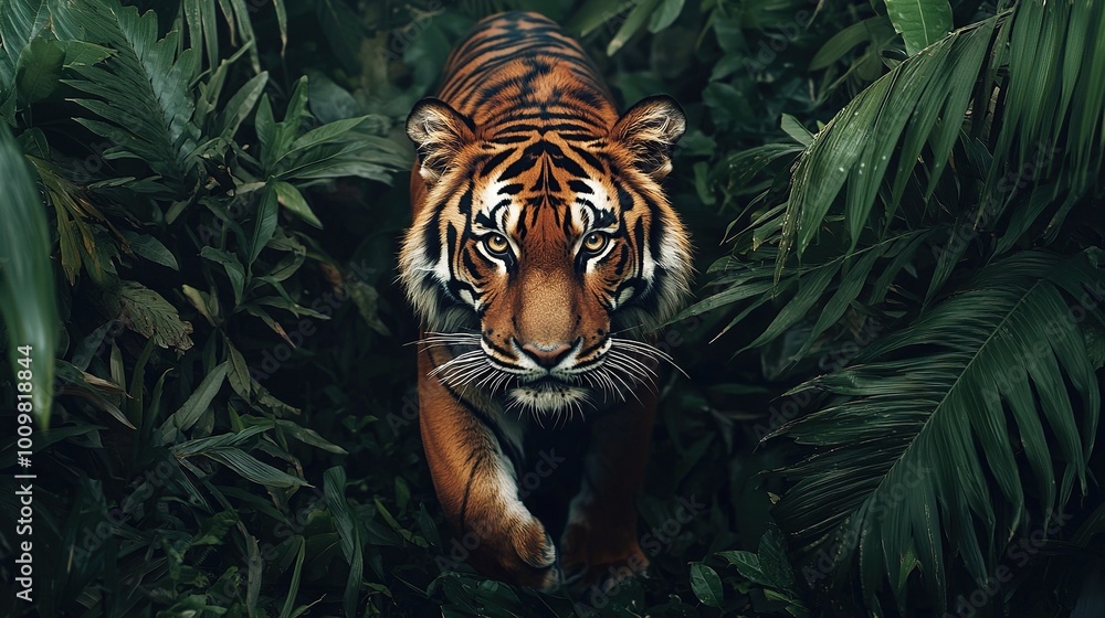 A tiger traversing a verdant jungle brimming with lush foliage and towering, slender green leaves A tiger traversing a verdant jungle brimming with lush foliage and towering, slender green leaves