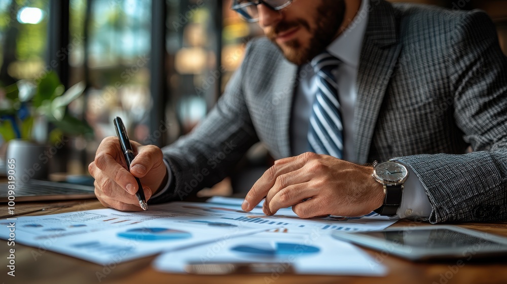 Businessman reviewing financial charts and graphs in a modern office during the afternoon Businessman reviewing financial charts and graphs in a modern office during the afternoon