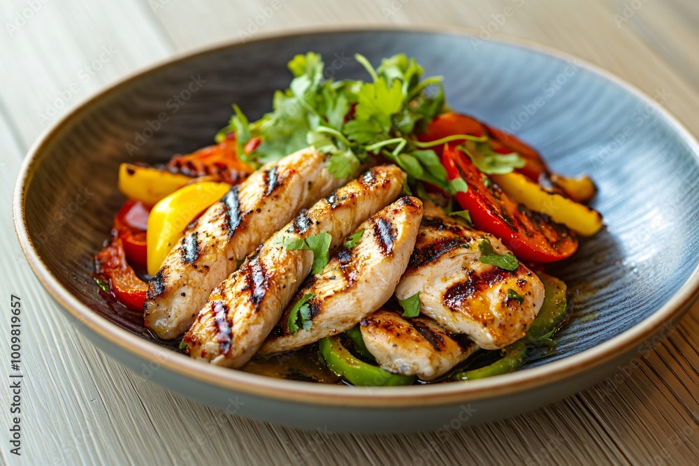 Grilled chicken breast, yellow bell peppers, red bell peppers, and green peppers served on a gray plate. Grilled chicken breast, yellow bell peppers, red bell peppers, and green peppers served on a gray plate.
