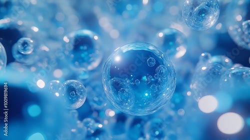 Wallpaper Mural Spheres or balls merge like liquid wax drops or metaballs in-air. Liquid gradient of blue colors on beautiful drops with glow, scattering light inside.  Torontodigital.ca