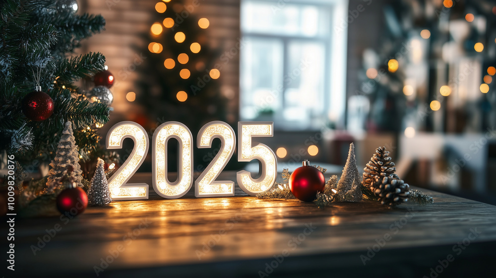 A Christmas-themed home interior with a large window, snowy outdoors, and 3D white numbers '2025' displayed near a Christmas tree