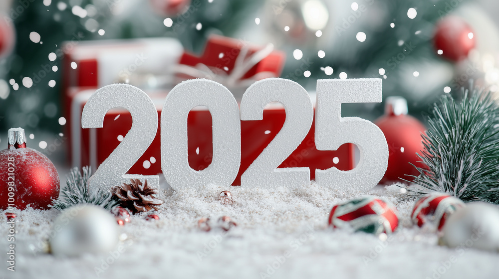 A Christmas-themed home interior with a large window, snowy outdoors, and 3D white numbers '2025' displayed near a Christmas tree