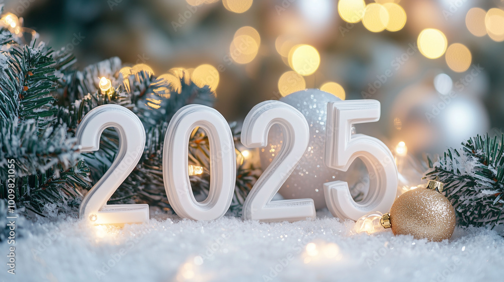 A Christmas-themed home interior with a large window, snowy outdoors, and 3D white numbers '2025' displayed near a Christmas tree