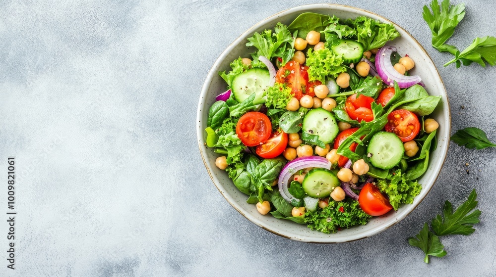 A fresh summertime Mediterranean salad featuring tomatoes, cucumbers, parsley, spinach, and red onion with chickpeas. Copy space, light background. A fresh summertime Mediterranean salad featuring tomatoes, cucumbers, parsley, spinach, and red onion with chickpeas. Copy space, light background.