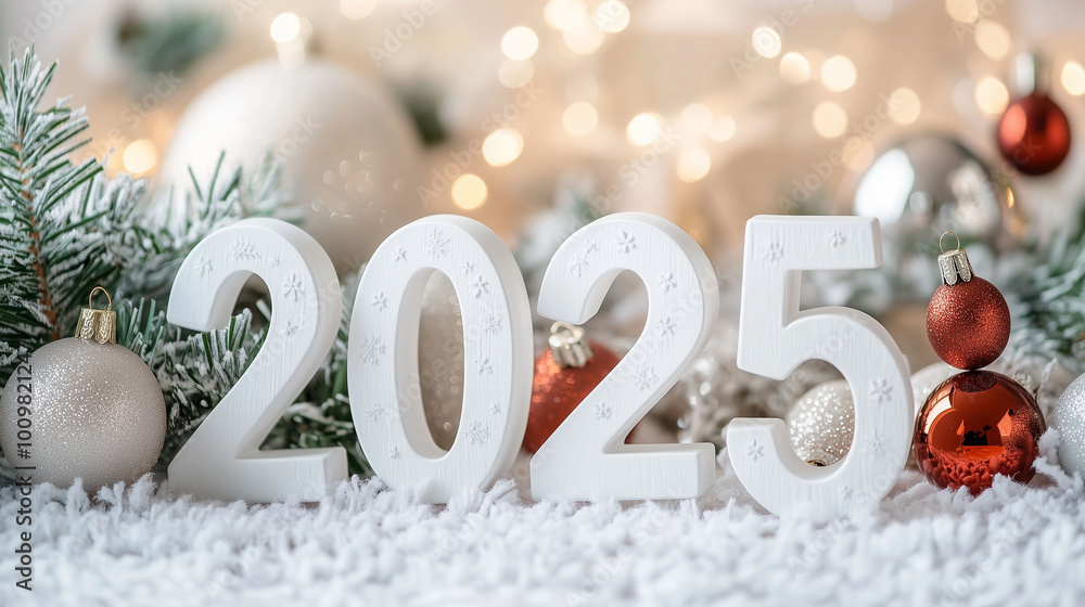 A Christmas-themed home interior with a large window, snowy outdoors, and 3D white numbers '2025' displayed near a Christmas tree
