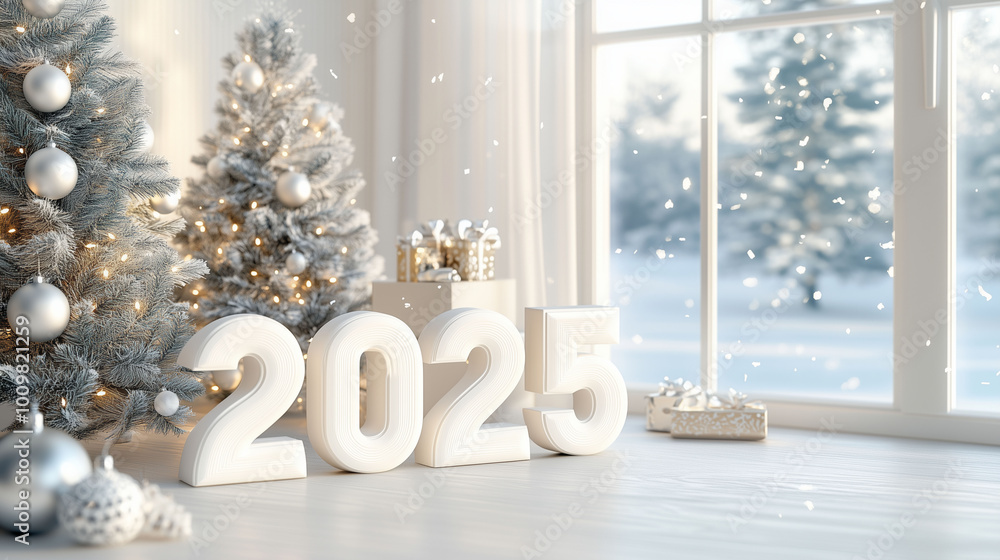A Christmas-themed home interior with a large window, snowy outdoors, and 3D white numbers '2025' displayed near a Christmas tree