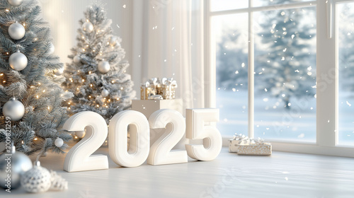 Obraz na płótnie A Christmas-themed home interior with a large window, snowy outdoors, and 3D white numbers '2025' displayed near a Christmas tree w salonie