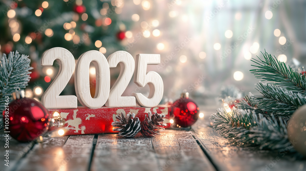 A Christmas-themed home interior with a large window, snowy outdoors, and 3D white numbers '2025' displayed near a Christmas tree