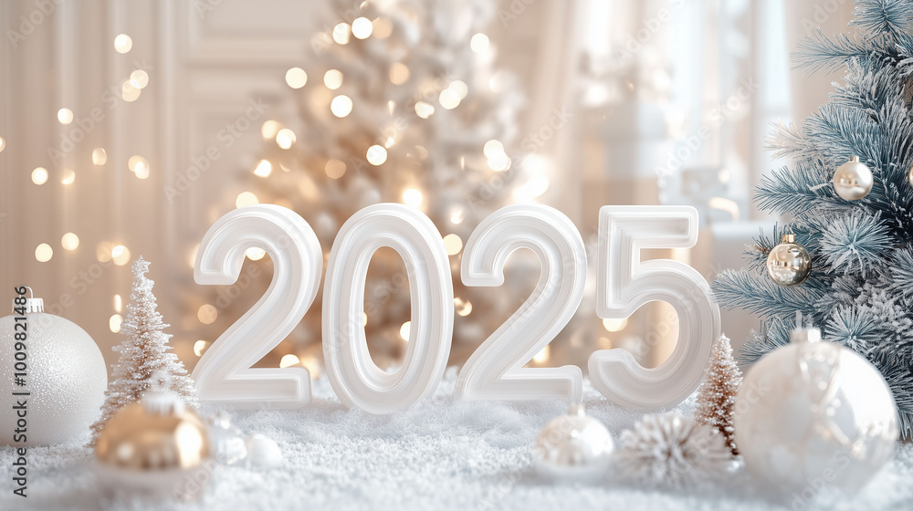 A Christmas-themed home interior with a large window, snowy outdoors, and 3D white numbers '2025' displayed near a Christmas tree