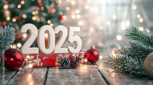 Obraz na płótnie A Christmas-themed home interior with a large window, snowy outdoors, and 3D white numbers '2025' displayed near a Christmas tree w salonie