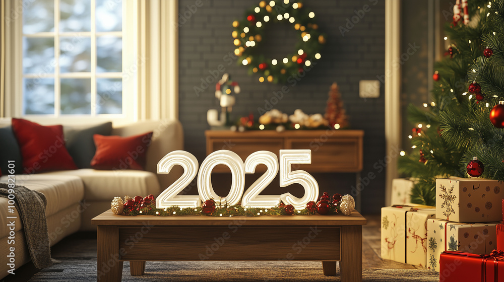 A cozy family room decorated for the holidays with 3D white numbers '2025' on a coffee table, surrounded by Christmas decor