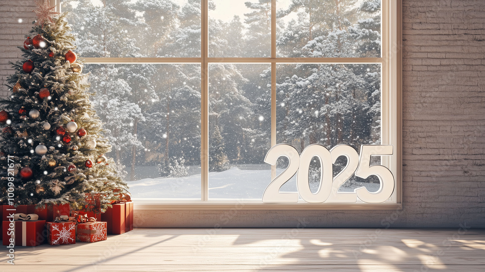 A Christmas-themed home interior with a large window, snowy outdoors, and 3D white numbers '2025' displayed near a Christmas tree