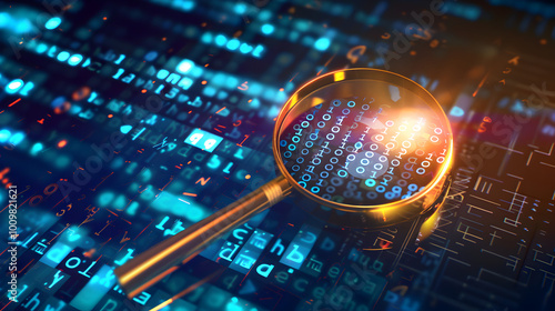 Tech authentication Magnifying glass inspects biometrics with binary code background 