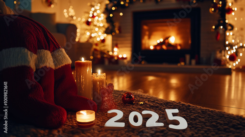 A cozy home setting with stockings, candles, and 3D white numbers '2025' on the floor in front of a fireplace