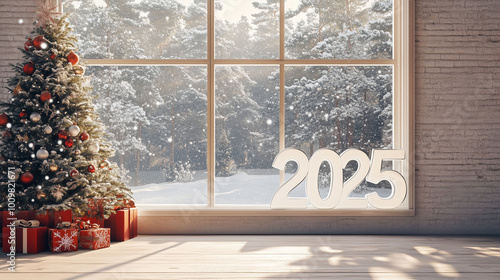 Obraz na płótnie A Christmas-themed home interior with a large window, snowy outdoors, and 3D white numbers '2025' displayed near a Christmas tree w salonie