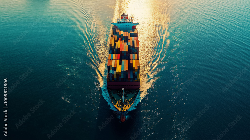 A fully loaded cargo ship navigating the calm waters of the ocean, with sunlight reflecting off the containers and waves