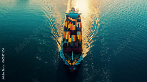 A fully loaded cargo ship navigating the calm waters of the ocean, with sunlight reflecting off the containers and waves