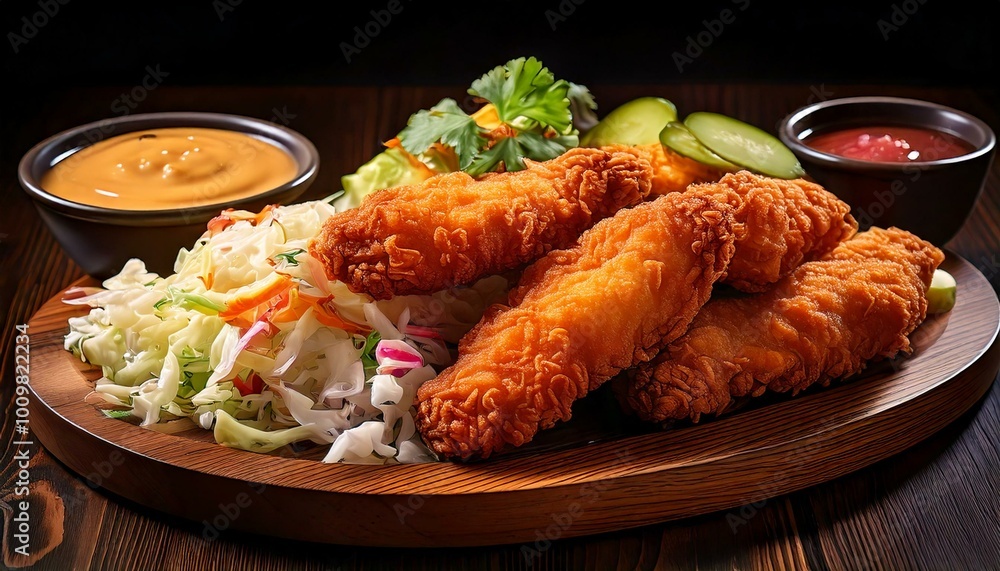 Crispy fried chicken served on a wooden platter with coleslaw, pickles, and a side of spicy dipping sauce Crispy fried chicken served on a wooden platter with coleslaw, pickles, and a side of spicy dipping sauce