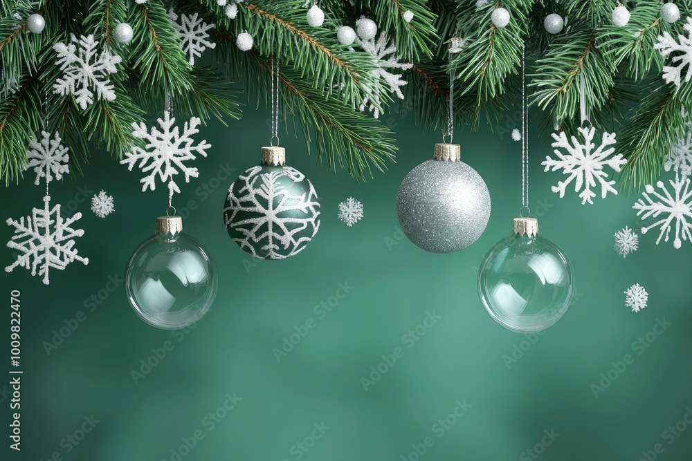 Abstract Christmas background, hanging snowflakes, glass balls and Christmas tree Holiday green New Year background for poster, cards, Christmas decor with generative ai Abstract Christmas background, hanging snowflakes, glass balls and Christmas tree Holiday green New Year background for poster, cards, Christmas decor with generative ai
