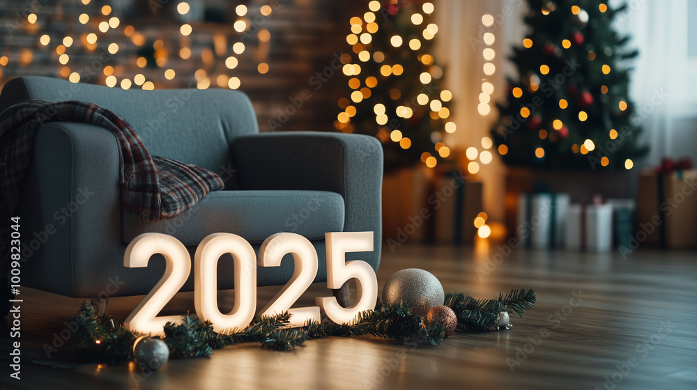 A stylish modern apartment decorated for Christmas with 3D white numbers '2025' on the floor, a cozy armchair, and festive lights in the background